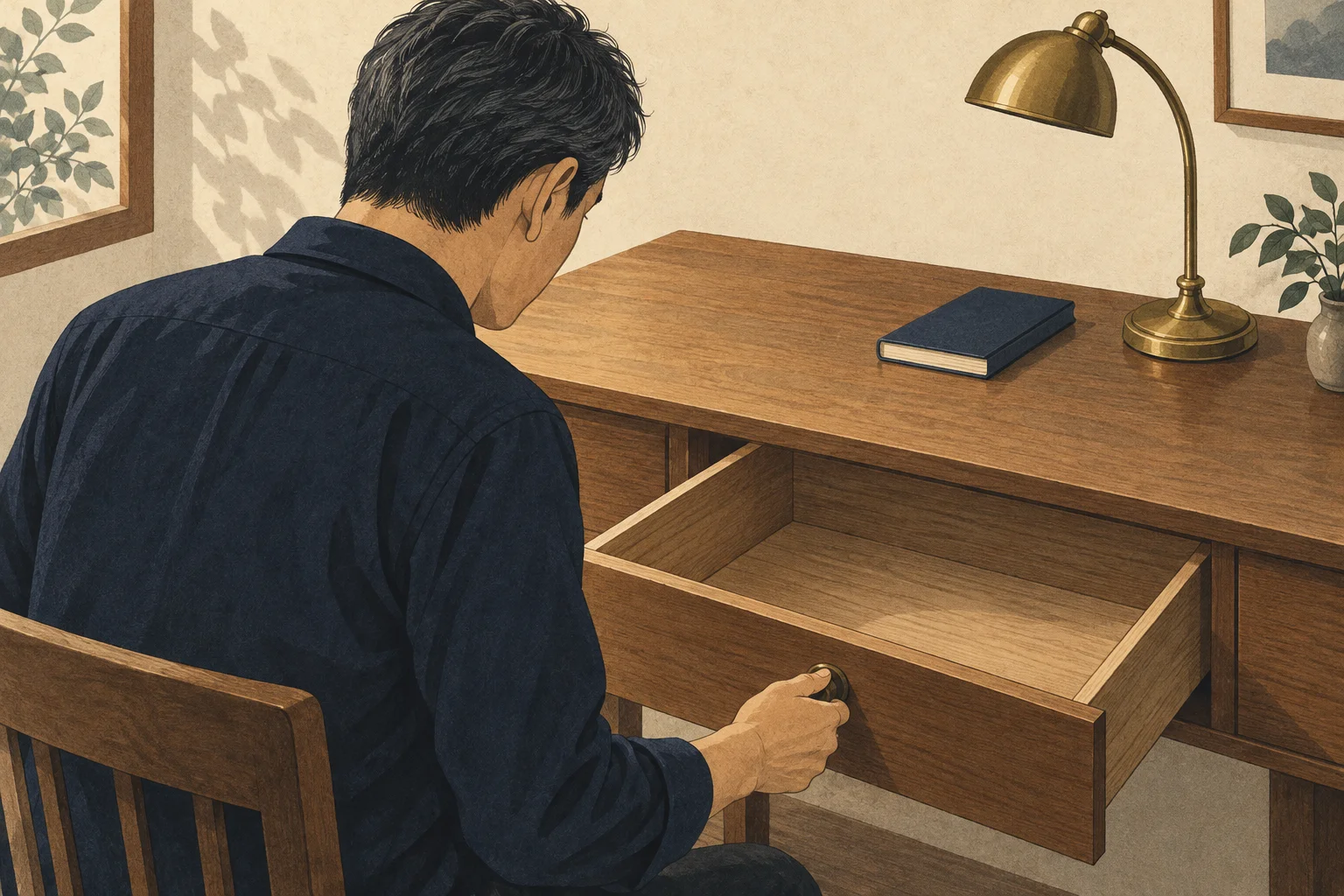 開けても何も現れない、空の机の引き出しを見つめる男性のイメージイラスト