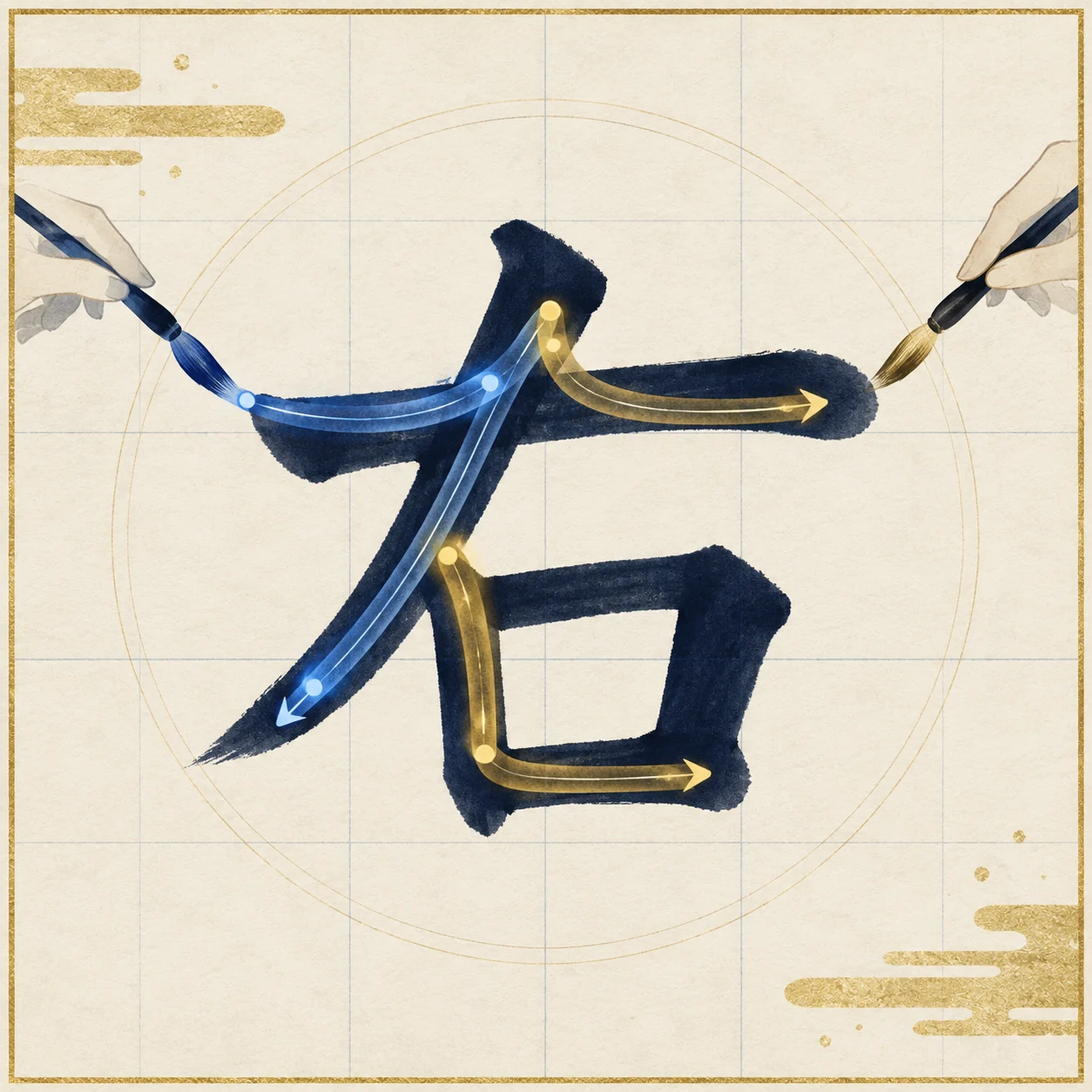 完成した漢字の右に、異なる書き順の軌跡を重ねたイラスト